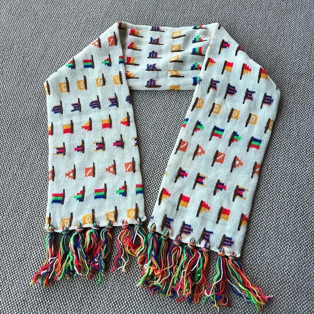 Vintage 70’s Rare Colorful Flag Novelty Print Scarf. Woven. Fringe.